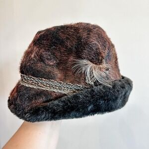 VTG Fur Brown Black Fedora Winter Hat Woven Band Feather 70's Lined
